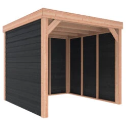 Overkapping Douglas Hout Zwart Met Achterwand En 2 Zijwanden 270x270 Cm